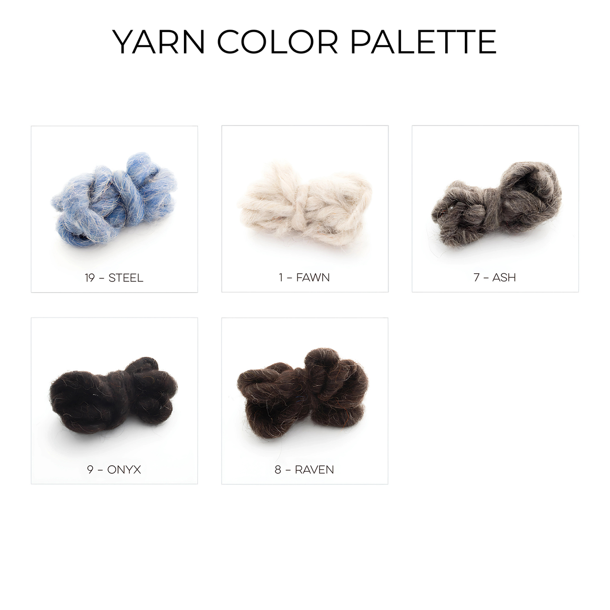 Five skeins in Steel (blue), Fawn (cream), Ash (gray), Onyx (black), and Raven (brown)—ideal for creating a Tak (Yes) Wool Statement Bed Blanket or any unique handcrafted wool piece.