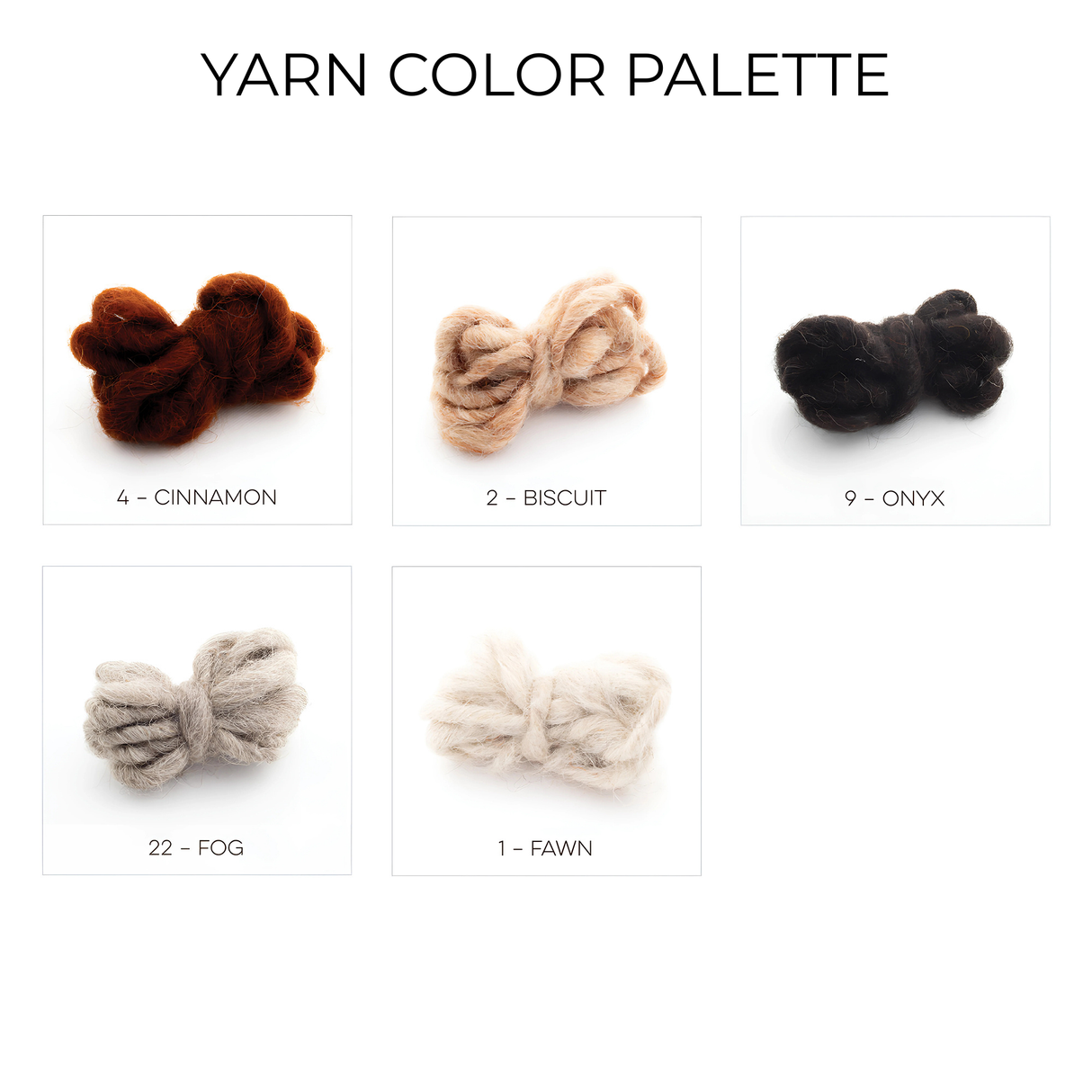 Five yarn skeins—Cinnamon, Biscuit, Onyx, Fog, and Fawn—are shown in a palette grid, ideal for creating a Tkach (Weaver) Wool Bed / Couch Runner with luxurious undyed wool.