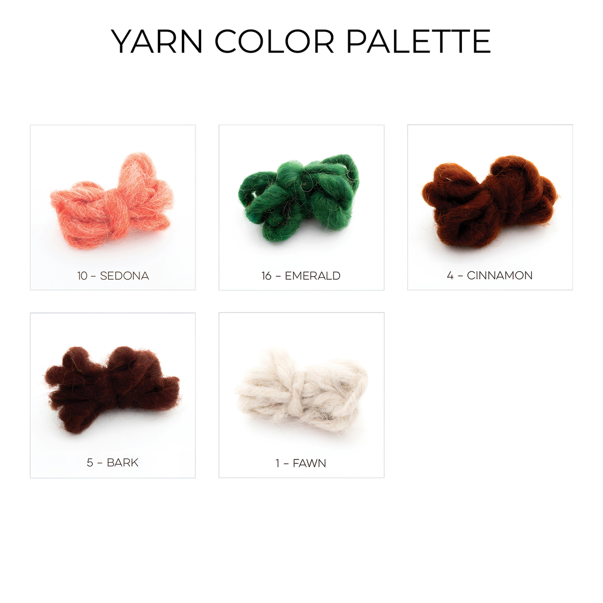 Five yarn colors—Sedona, Emerald, Cinnamon, Bark, and Fawn—made from Carpathian sheep wool are shown in a grid on white, ideal for creating a unique Tkach (Weaver) Wool Statement Bed Blanket.