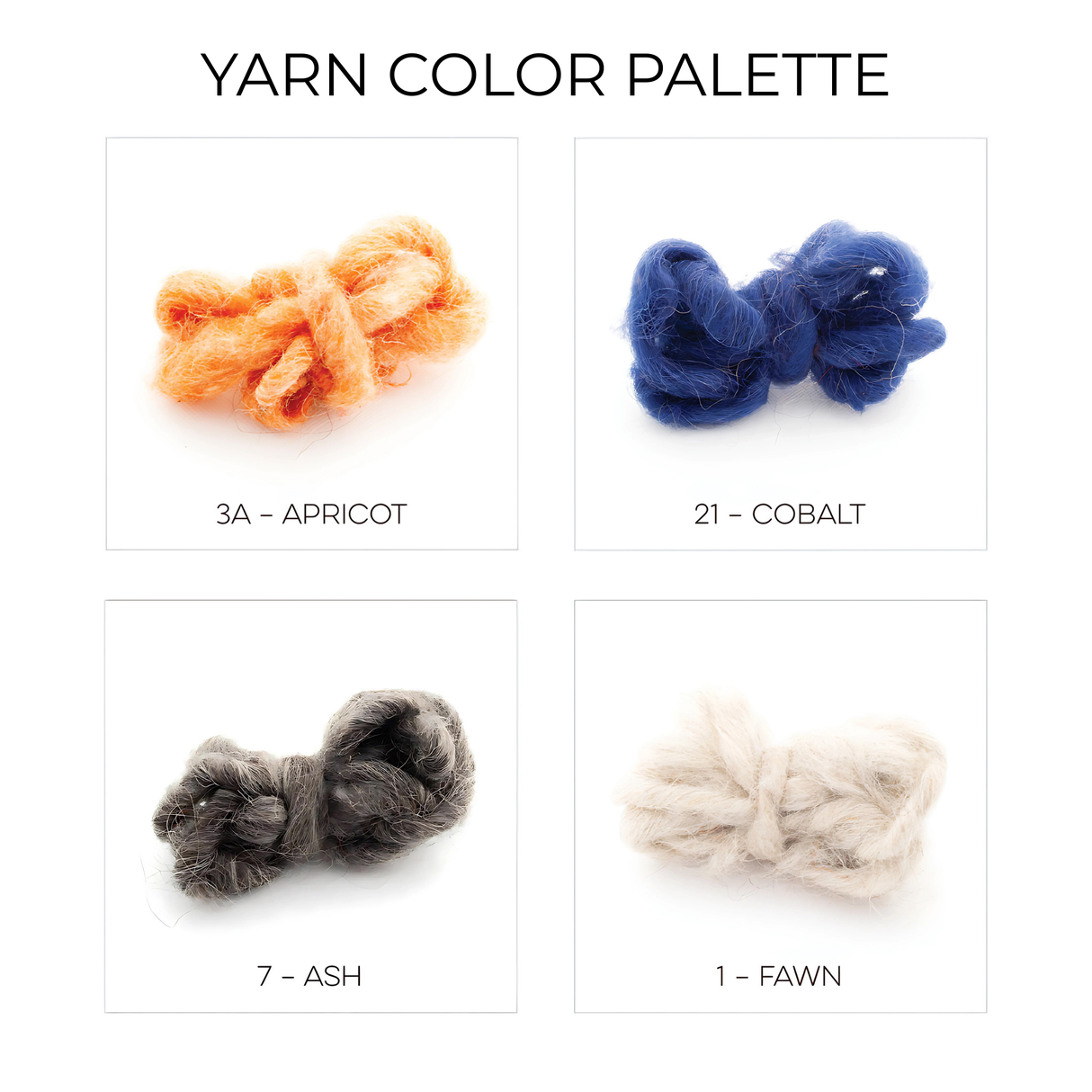 Four yarn bundles in Apricot, Cobalt, Ash, and Fawn—ideal for crafting your own Tkach (Weaver) Wool Statement Bed Blanket.