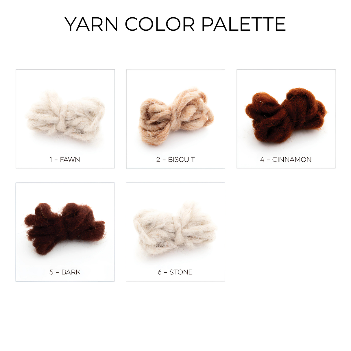 Five yarn color samples—Fawn, Biscuit, Cinnamon, Bark, and Stone—on a white background, showcasing the perfect shades for crafting your own Tkach (Weaver) Wool Statement Bed Blanket.
