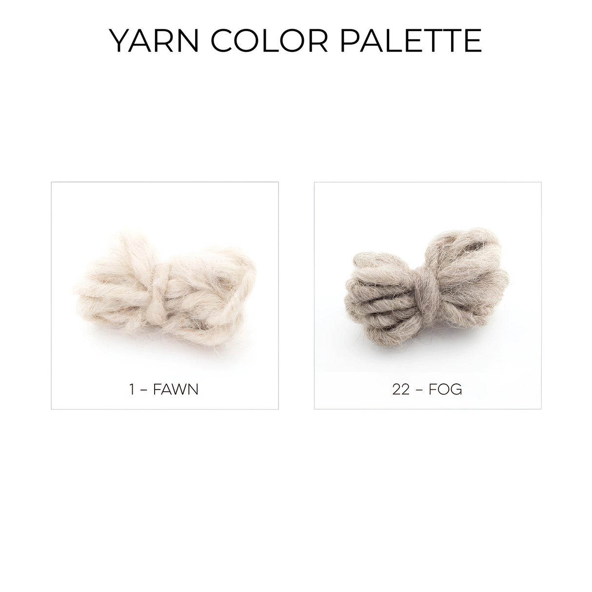 Two yarn samples, "Fawn" and "Fog," shown side by side on a white background—the perfect shades for crafting a cozy Vivtsi (Sheep) Wool Statement Throw or Baby Blanket.