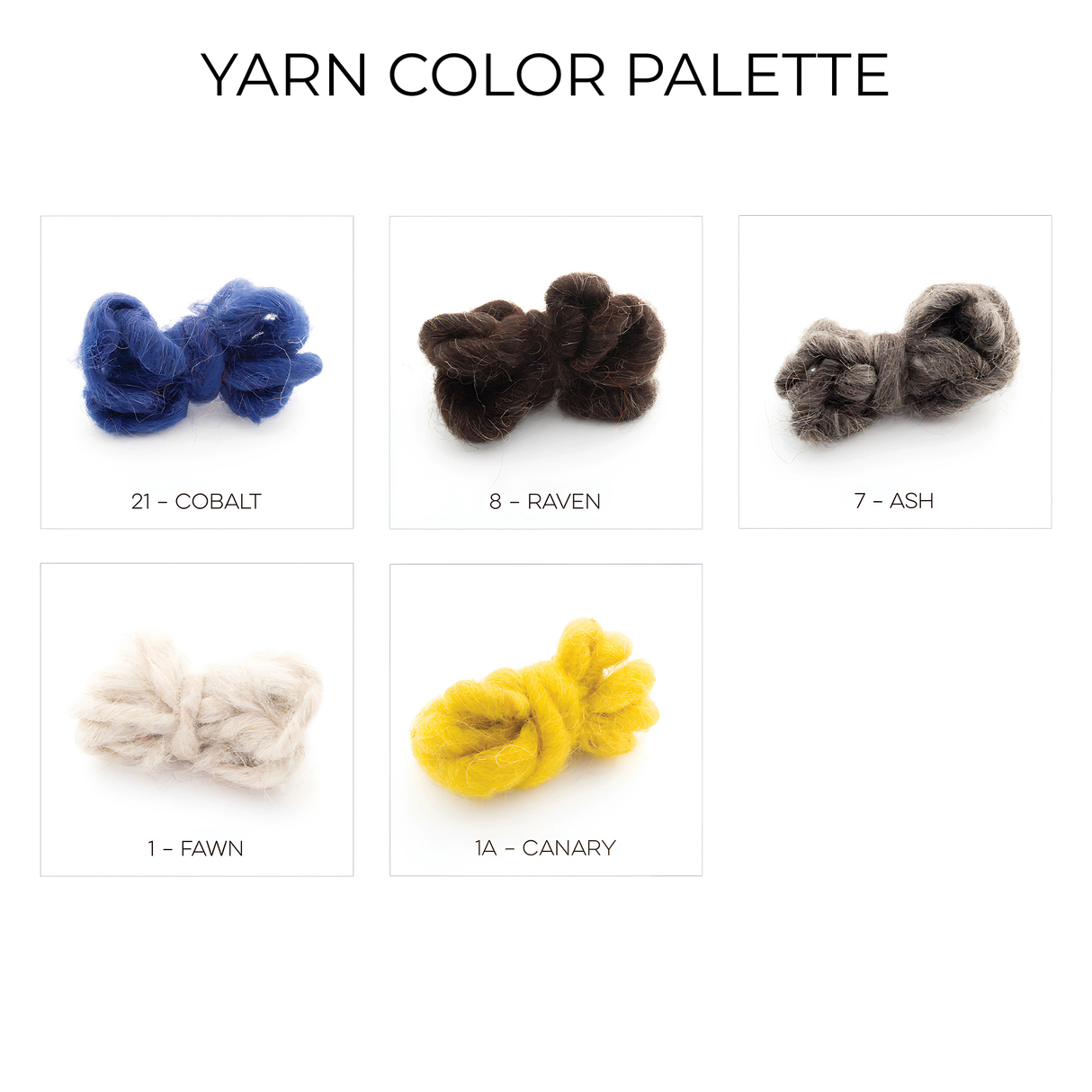 Five yarn skeins in cobalt blue, brown, gray, off-white, and yellow—each labeled with its color name—are perfect for crafting a Zoloty (Golden) Wool Statement Bed Blanket or another stunning statement blanket.