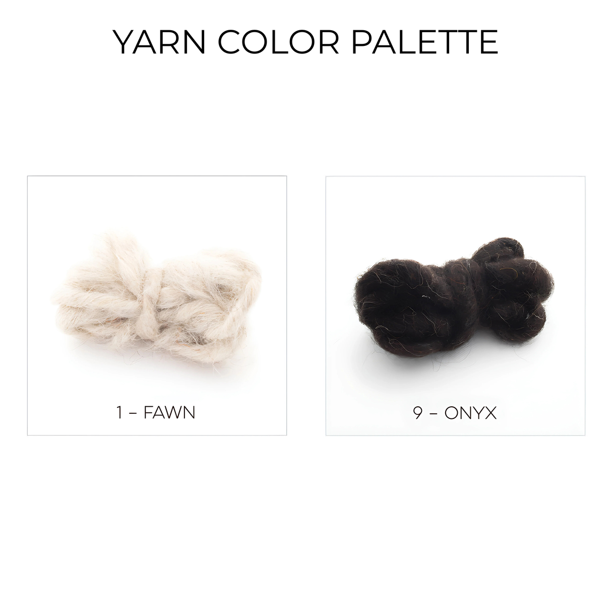 Two yarn samples—light beige "Fawn" and dark black "Onyx"—on white. Perfect for the Korysno Wool Bed/Couch Runner, each is handcrafted from 100% virgin undyed wool.