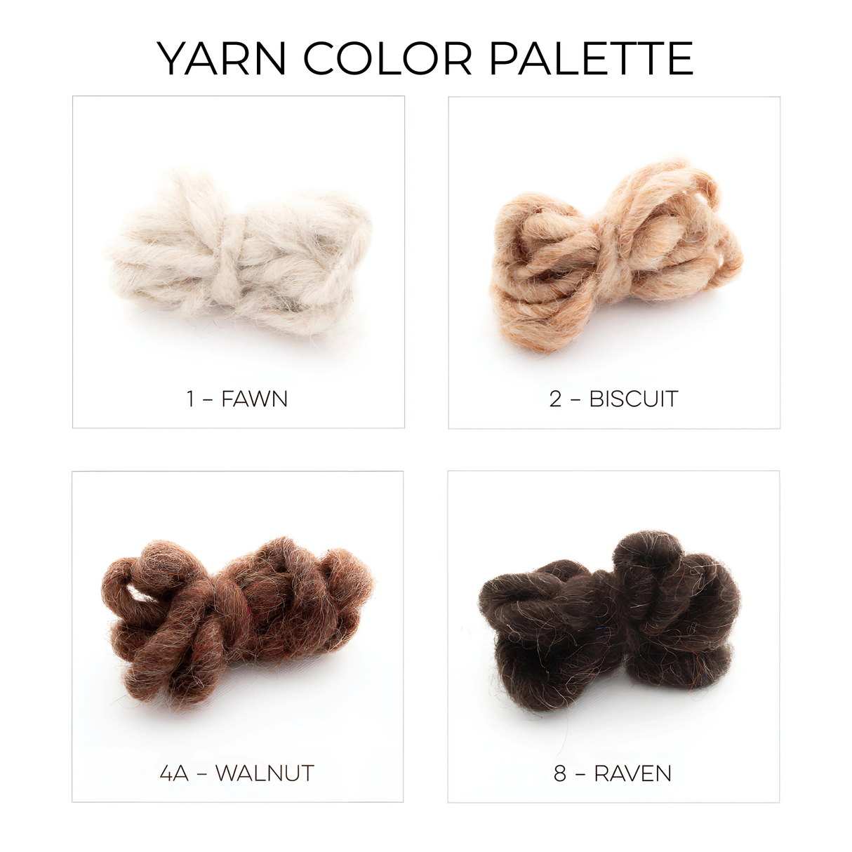 Four yarn bundles for the Opora (Pillar) Wool Bed/Couch Runner in fawn, biscuit, walnut, and raven are shown in a “Yarn Color Palette” grid—ideal hues for your next bed runner project.