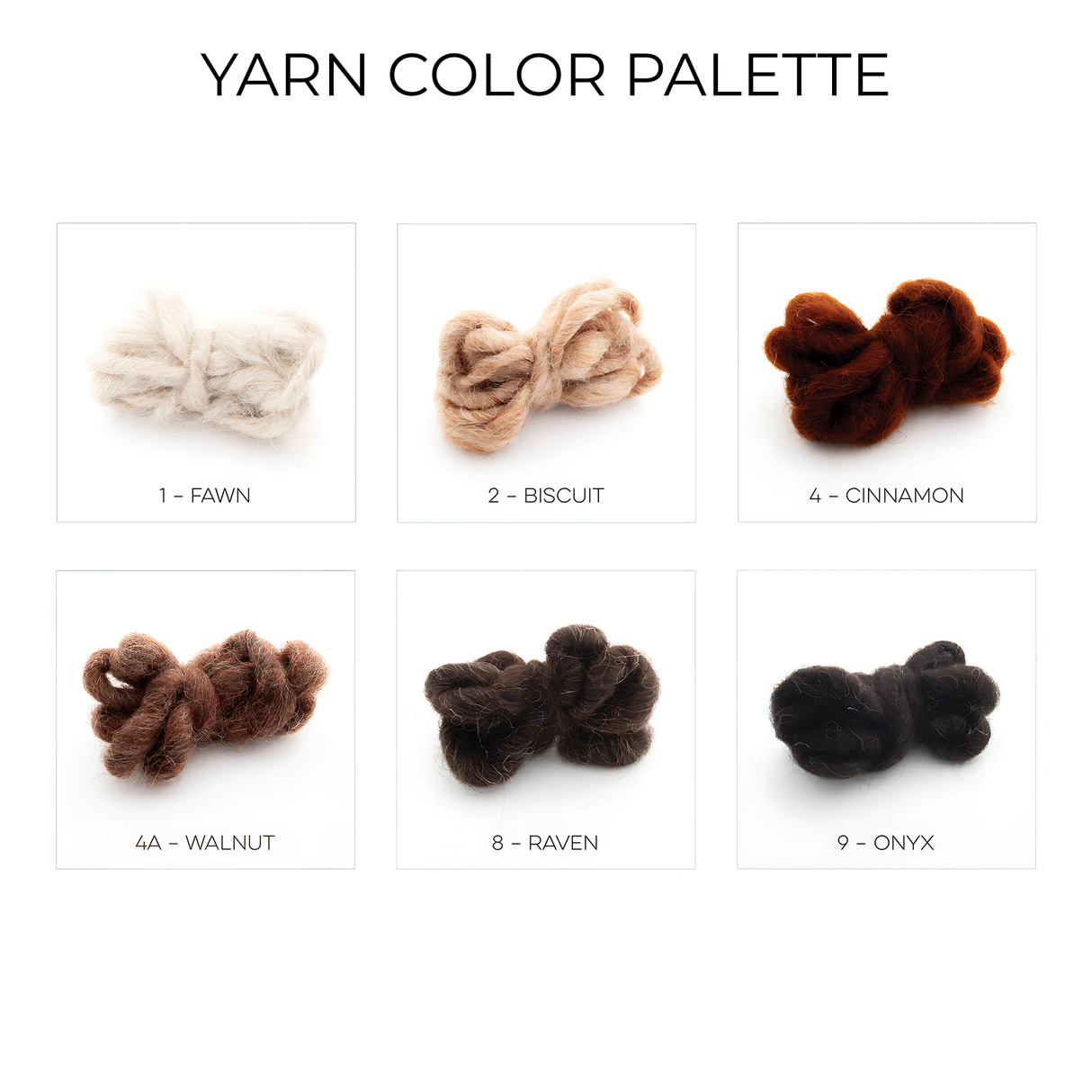 Six balls of yarn in Fawn, Biscuit, Cinnamon, Walnut, Raven, and Onyx—ideal for crafting a Tak (Yes) Wool Bed/Couch Runner to complement any undyed wool decor.