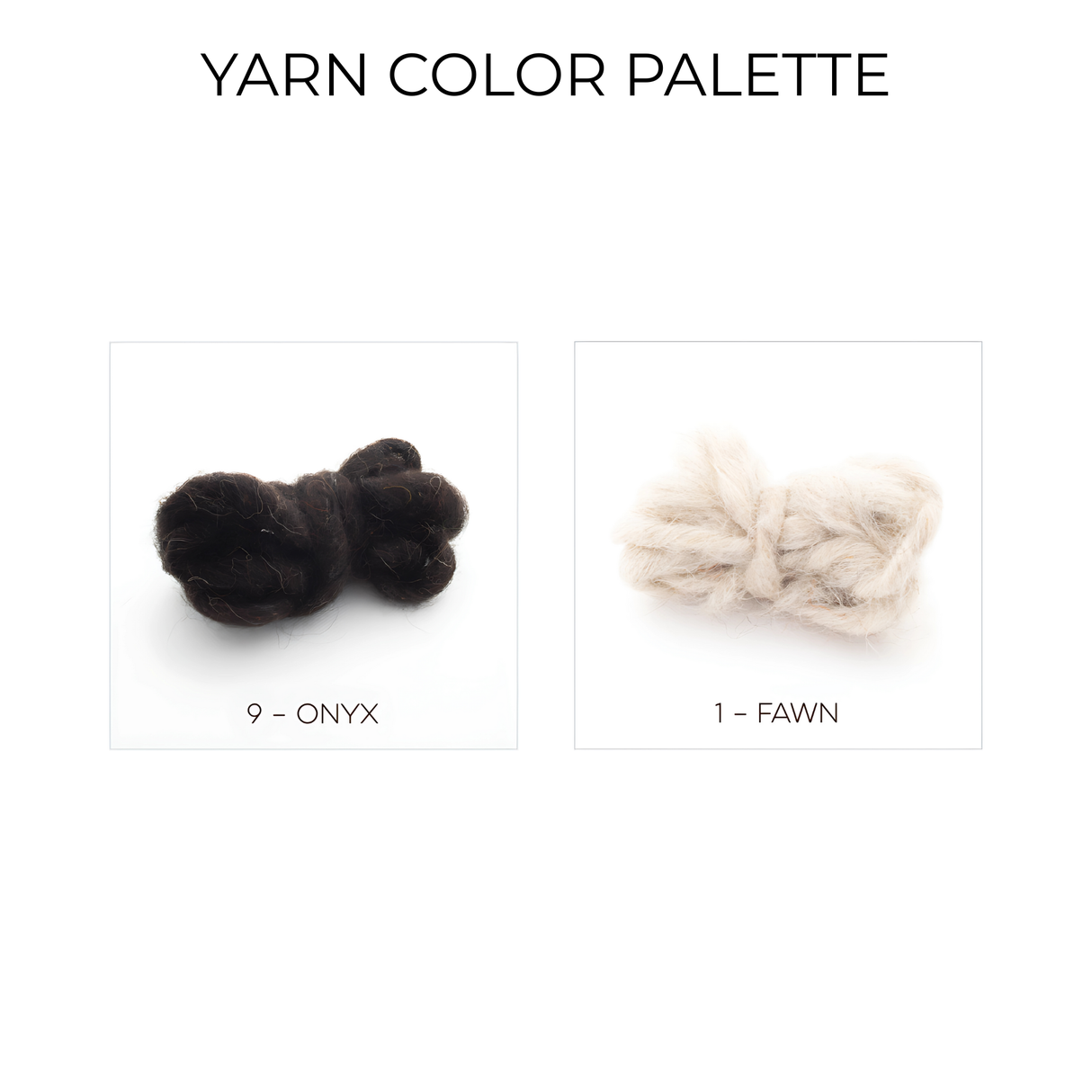 Two yarn samples from the Blysk (Shine) Wool Framed Wall Art—black ("Onyx") and light beige ("Fawn")—are shown on a white background, ideal for minimalist wall art or eco-friendly textured decor.