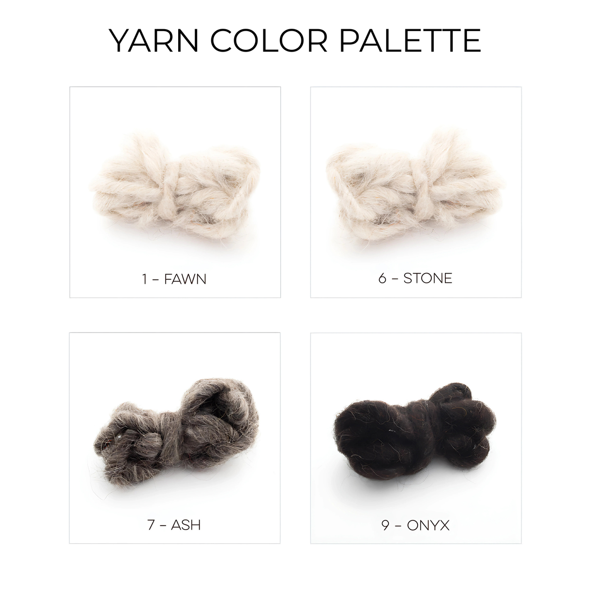 Four yarn color samples—Fawn, Stone, Ash, and Onyx—are arranged in a grid with their numbers. Crafted from natural sheep wool, these shades are ideal for the Remeslo (Craft) Wool Wall Hanging or other handmade home decor.