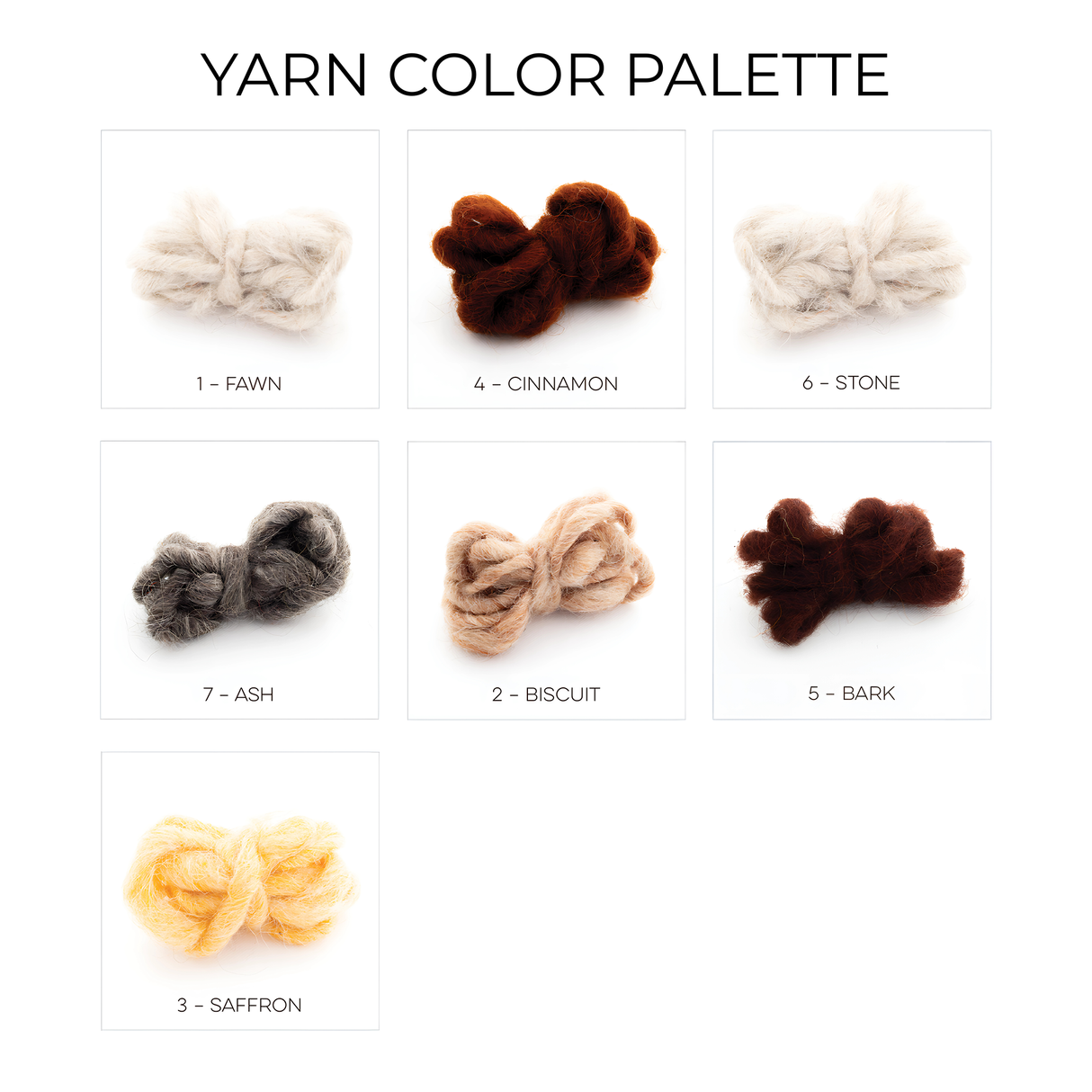 Create handcrafted home decor or eco-friendly wall art with warmth and style using Strilka (Arrow) Wool Framed Wall Art, featuring seven yarn bundles in Fawn, Cinnamon, Stone, Ash, Biscuit, Bark, and Saffron.