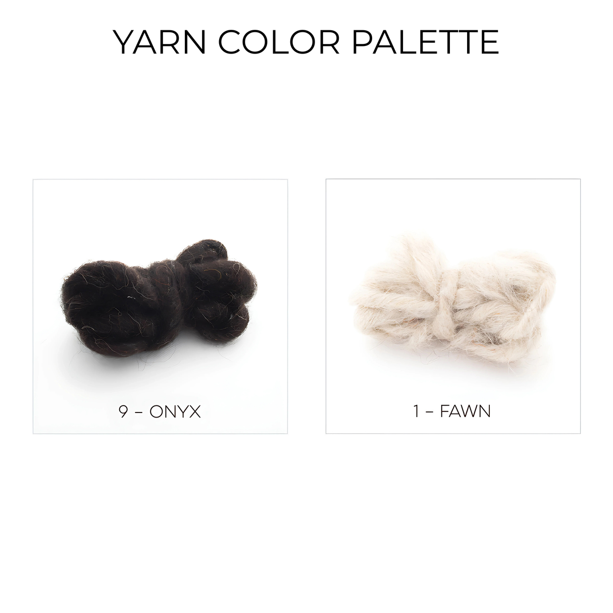 Two yarn samples—dark brown "Onyx" and light beige "Fawn"—highlight the beauty of Ukrainian-inspired handcrafted wool in the Zytia (Life) Wool Wall Hanging, with text displayed above.