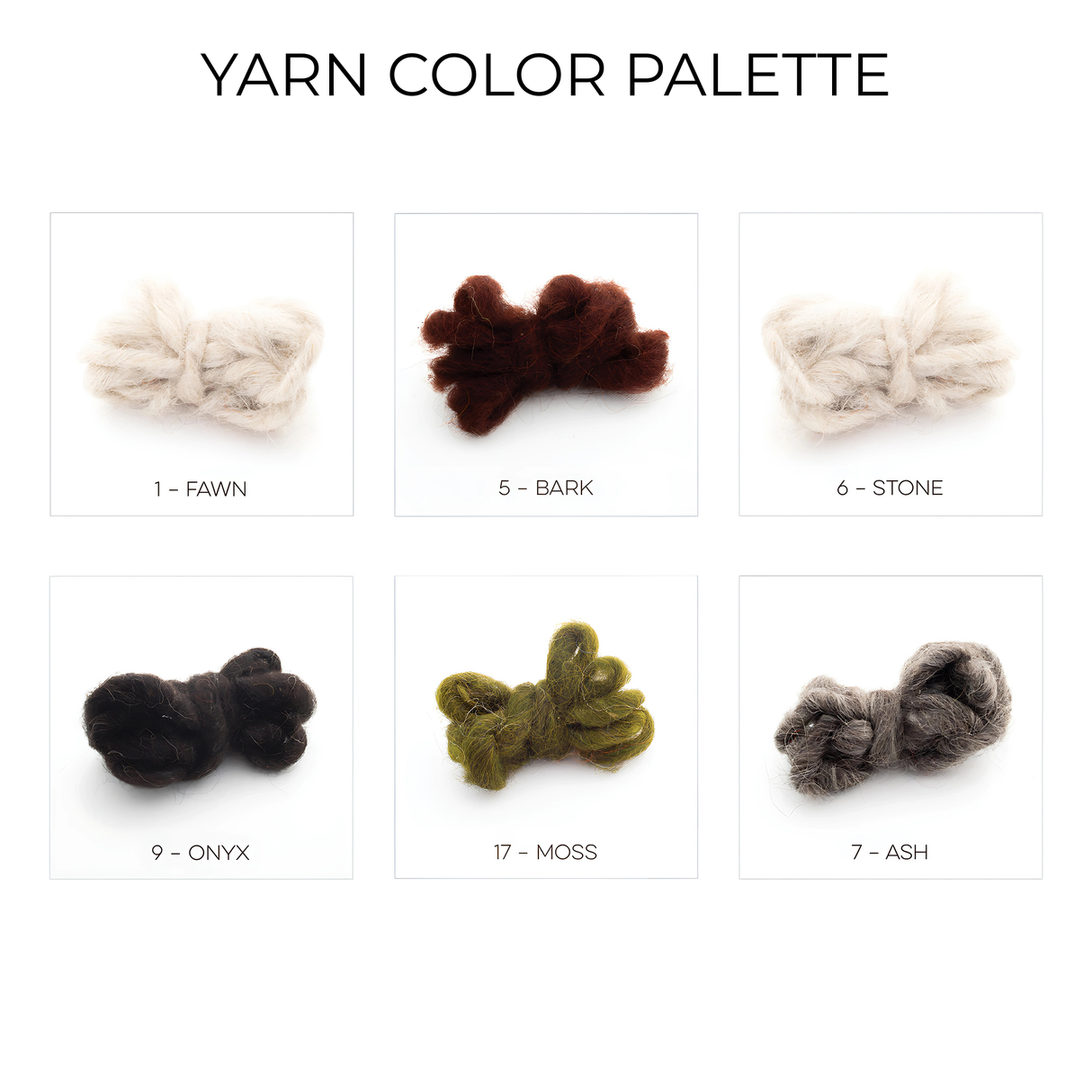 Grid of six small yarn skeins—Fawn, Bark, Stone, Onyx, Moss, and Ash—on white background. These are ideal for crafting the Faino (Fine) Wool Statement Bed Blanket or adding unique touches to your next handcrafted project.