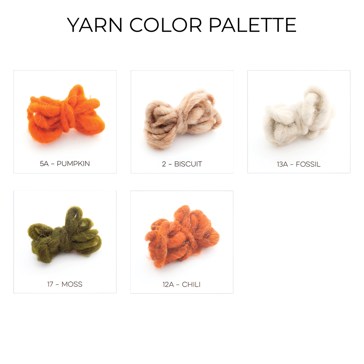 Five yarn samples—Pumpkin, Biscuit, Fossil, Moss, and Chili—in orange, beige, off-white, green, and rust, made from Carpathian sheep wool, for the Handmade in Ukraine Organic 100% Sheep Wool Woven Bed or Couch Runner.