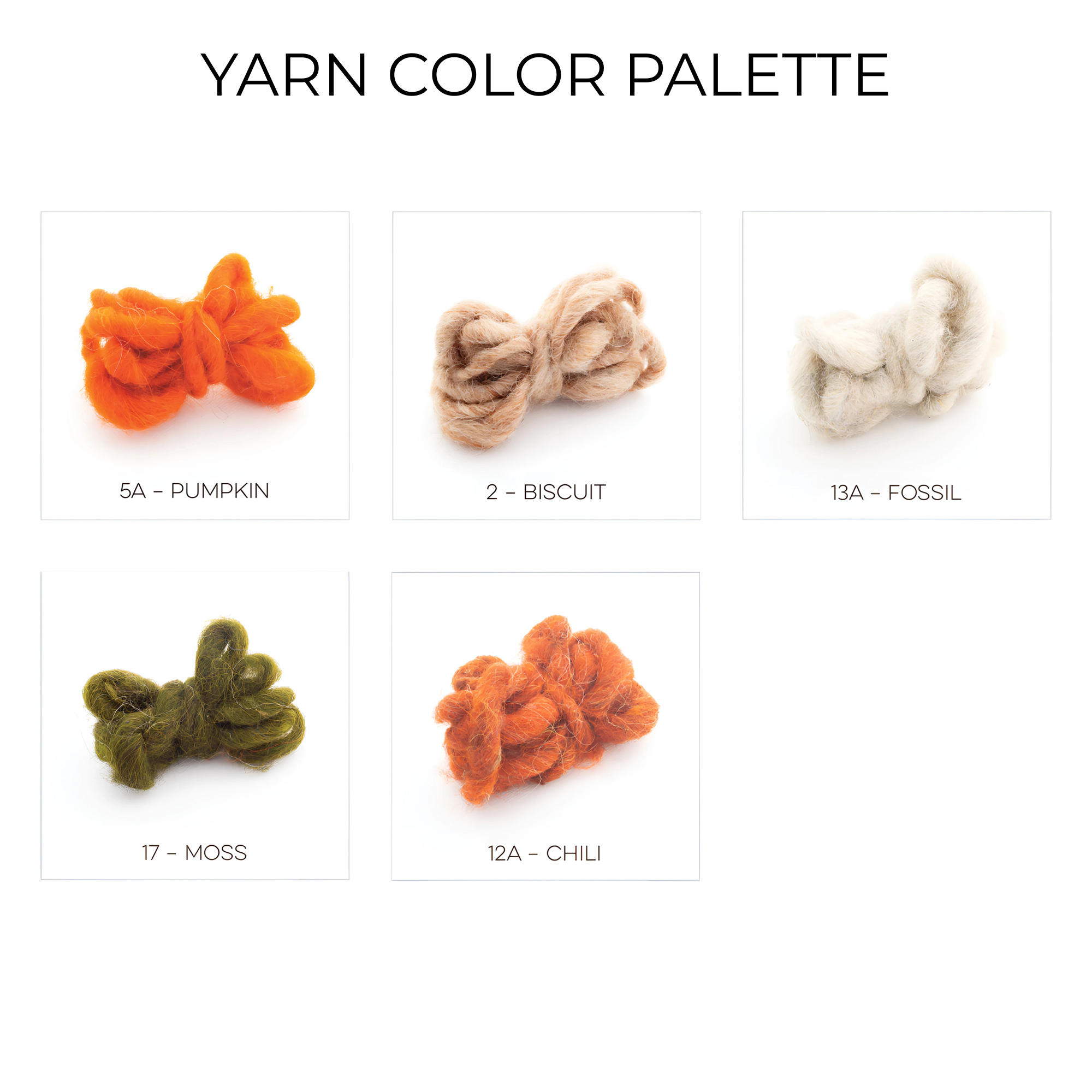 Five yarn samples—Pumpkin, Biscuit, Fossil, Moss, and Chili—in orange, beige, off-white, green, and rust, made from Carpathian sheep wool, for the Handmade in Ukraine Organic 100% Sheep Wool Woven Bed or Couch Runner.