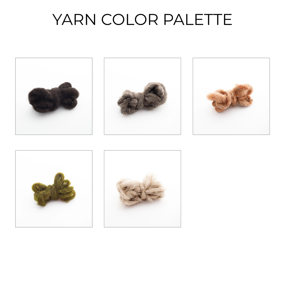 Five yarn bundles in black, gray, tan, olive green, and cream are arranged in a grid on white—ideal for making the Handmade in Ukraine Organic Natural 100% Sheep Wool Woven Statement Blanket Bedspread Duvet.