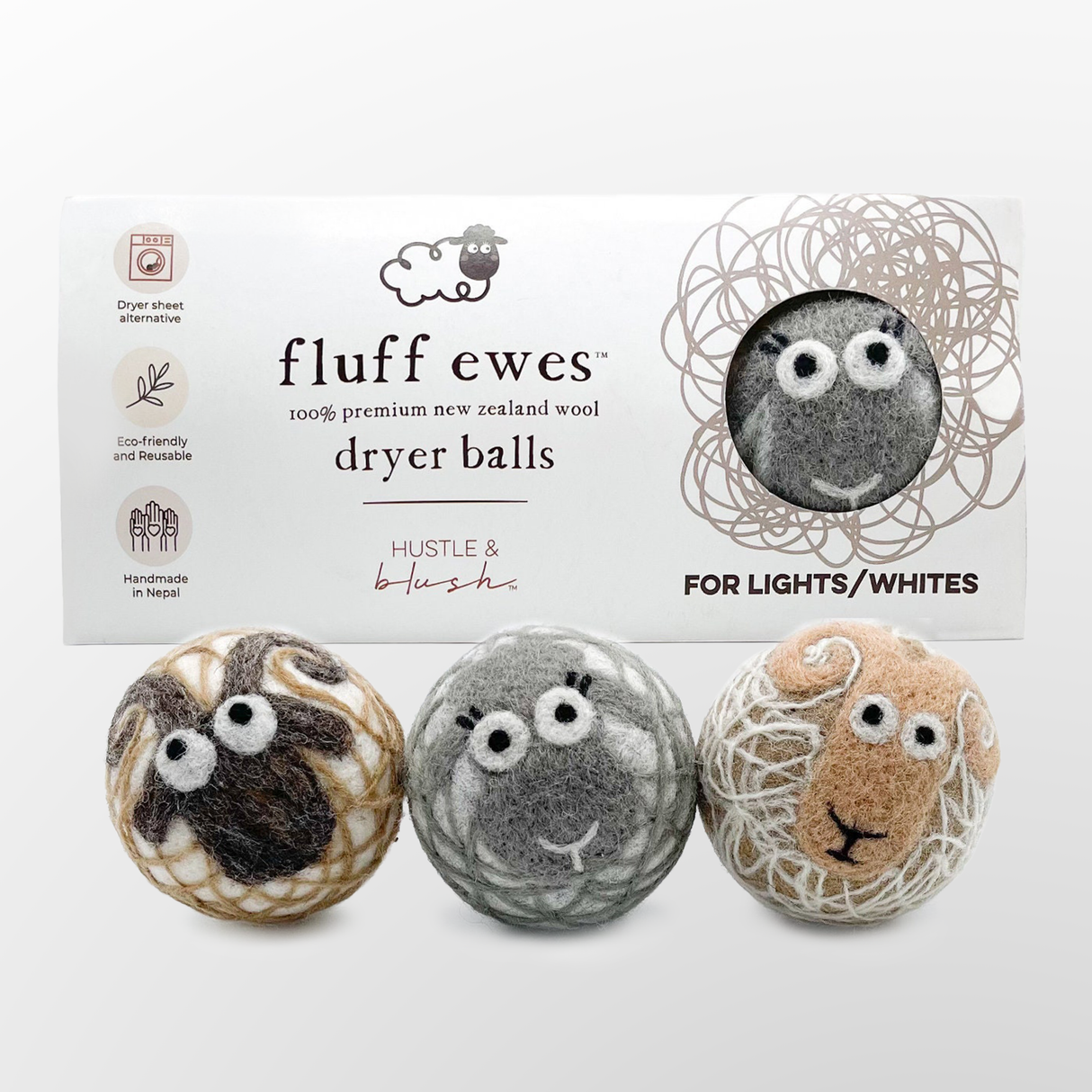 Fluff Ewes 100% Premium Wool Dryer Balls for Whites & Lights 3 pack Natural Fabric Softener, Eco-Friendly - Whites