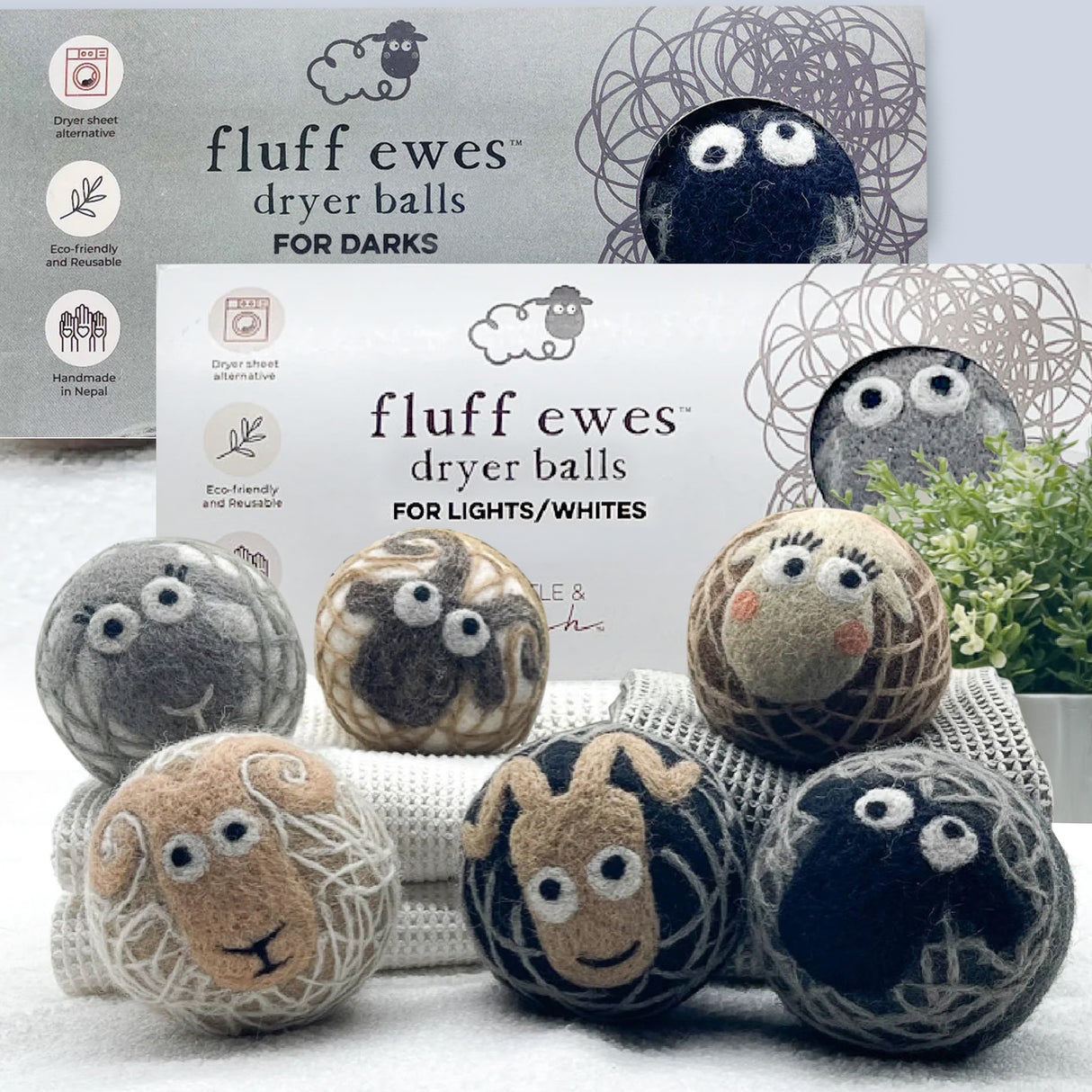 Pair of Fluff Ewes Natural Wool Dryer Balls 3 Pack for Darks & 3 Pack for Lights/Whites Bundle (58 USD value) - Whites/Lights & Darks Dryer Ball Pair