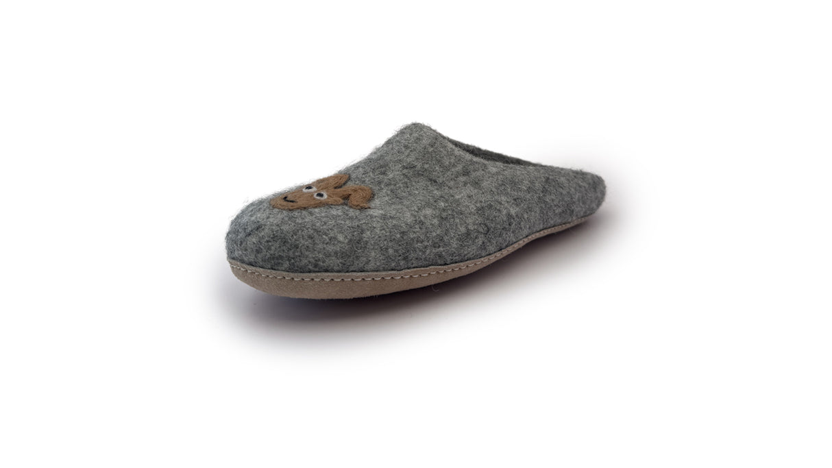 The Love Ewe Hand-Felted Organic Wool Slippers for Men (Beau-G) are gray, handmade in Nepal, and feature a bear face design on top, displayed against a white background.