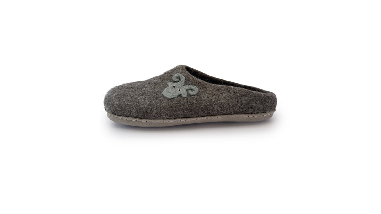 Love Ewe Hand-Felted Organic Wool Slippers for Men (Blu-B), handmade in Nepal, feature a ram or sheep face applique and are pictured in profile on a white background.