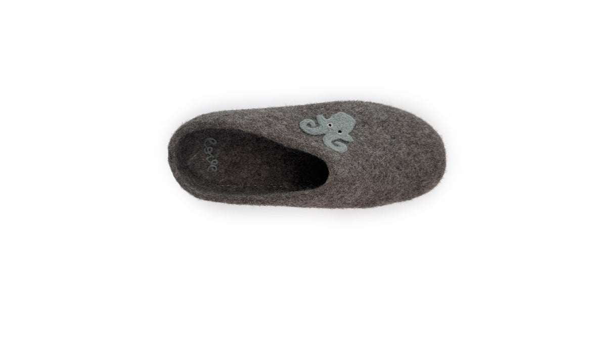 Love Ewe Hand-Felted Organic Wool Slippers for Men (Blu-B), crafted in Nepal, are shown from above on a white background, featuring a handmade gray design.