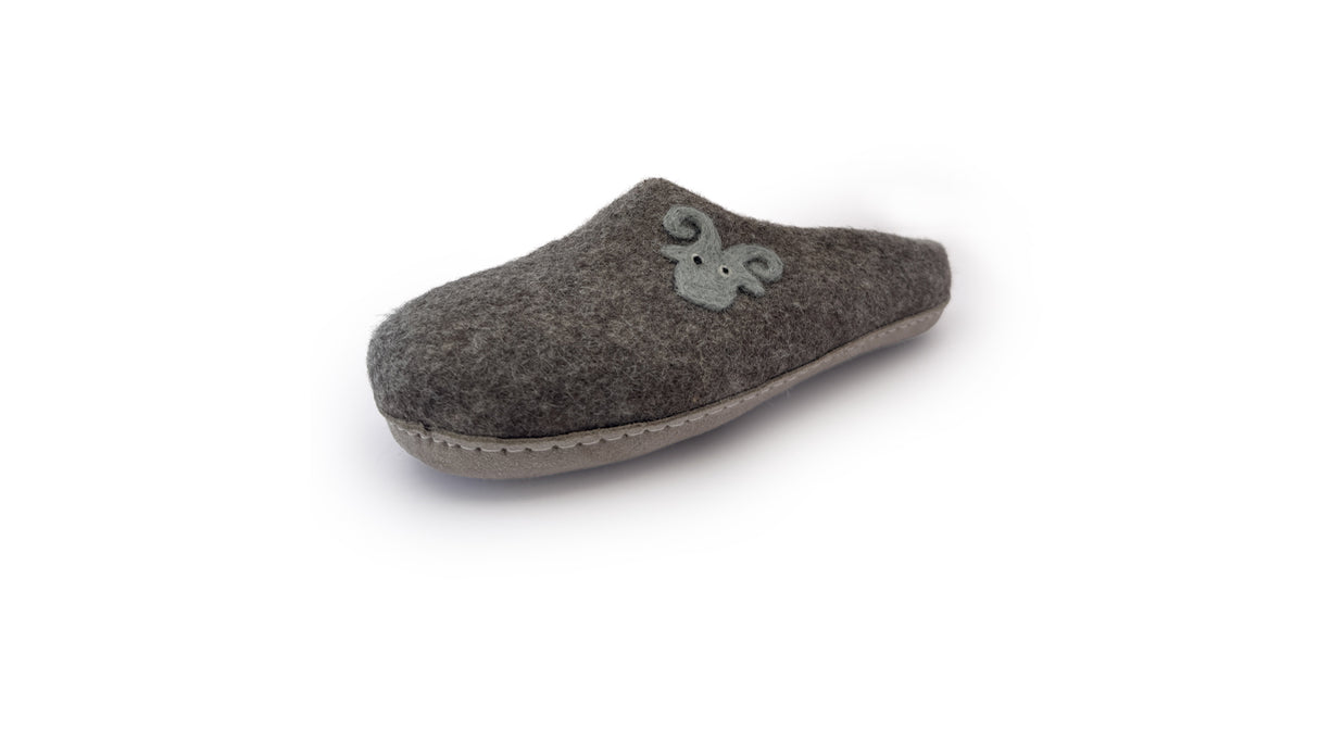 Love Ewe Hand-Felted Organic Wool Slippers for Men (Blu-B), handmade in Nepal with a ram head detail, are displayed on a white background.
