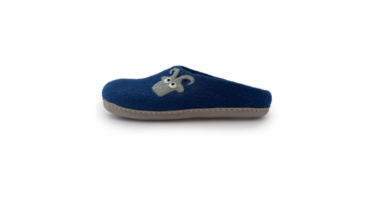Love Ewe Hand-Felted Organic Wool Slippers for Women (Blu-BL) shown in profile on a white background, featuring a blue felt design with a gray animal face, crafted from organic New Zealand wool for cozy comfort.