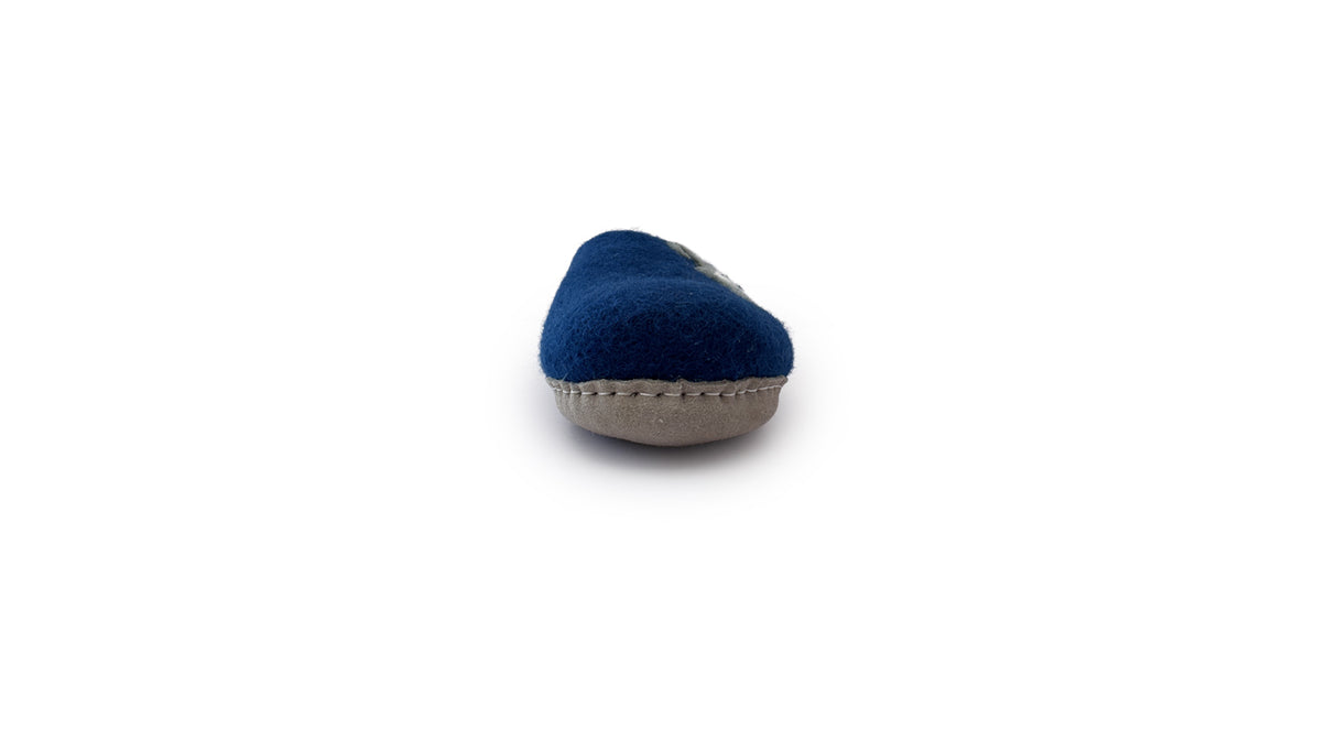 A front view of the Love Ewe Hand-Felted Organic Wool Slippers for Women (Blu-BL), featuring a blue upper and grey sole, made from organic New Zealand wool, displayed against a white background.