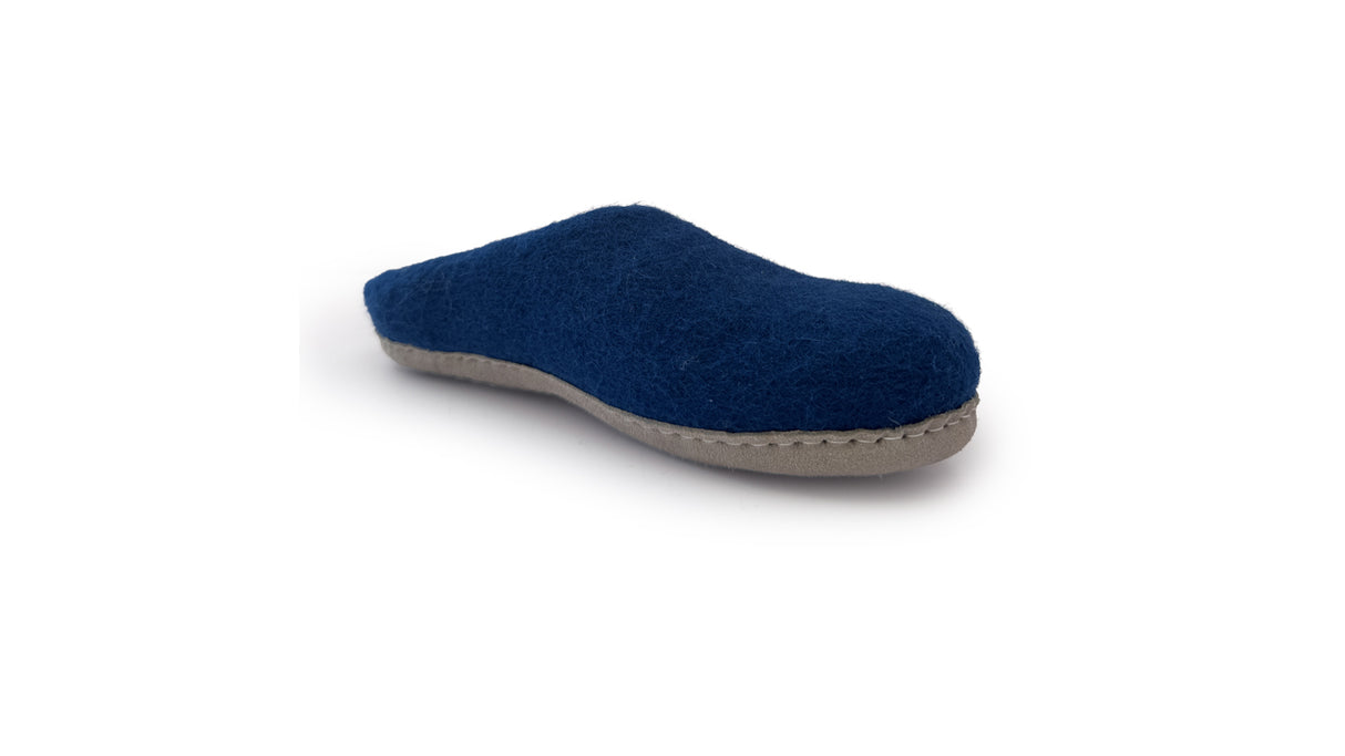 A Love Ewe Hand-Felted Organic Wool Slipper for Women (Blu-BL) with a beige sole is shown on a white background.