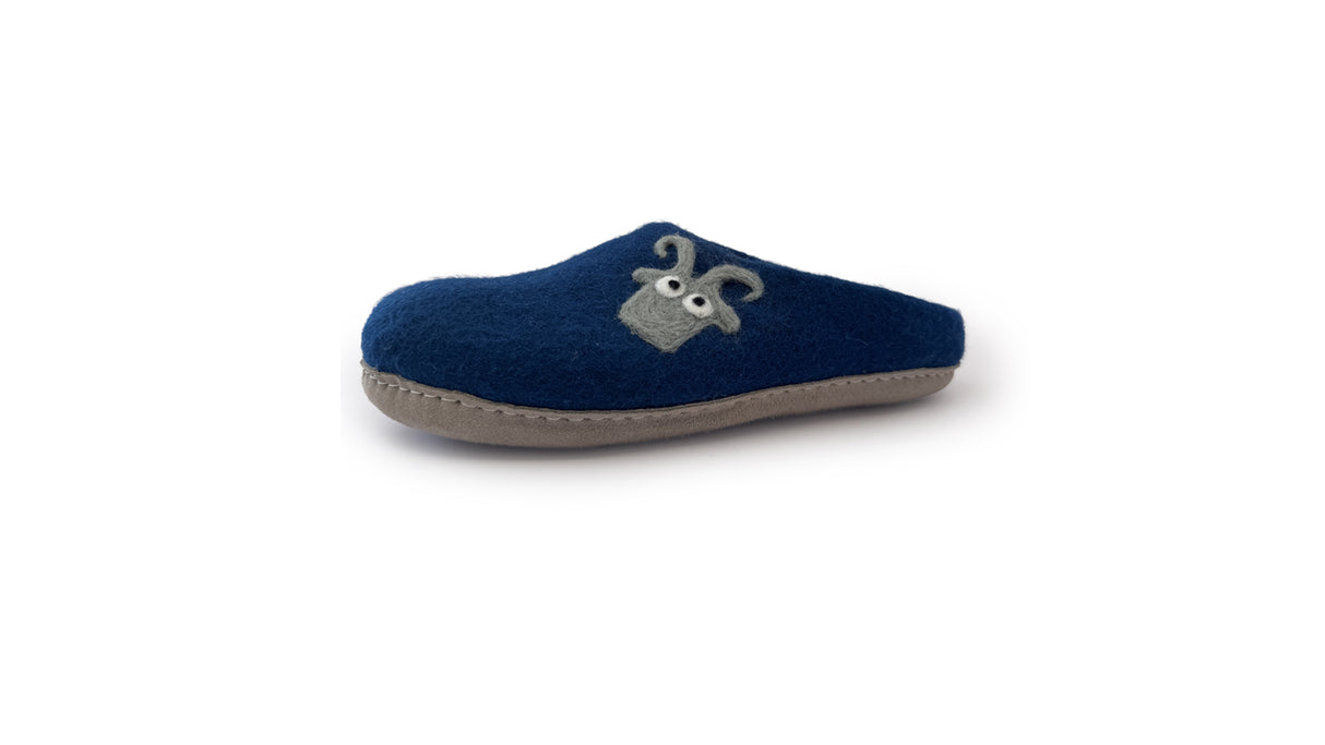 The Love Ewe Hand-Felted Organic Wool Slippers for Women (Blu-BL) are blue, made from organic New Zealand wool, with a grey cartoon animal face and a light brown sole, displayed on a white background.
