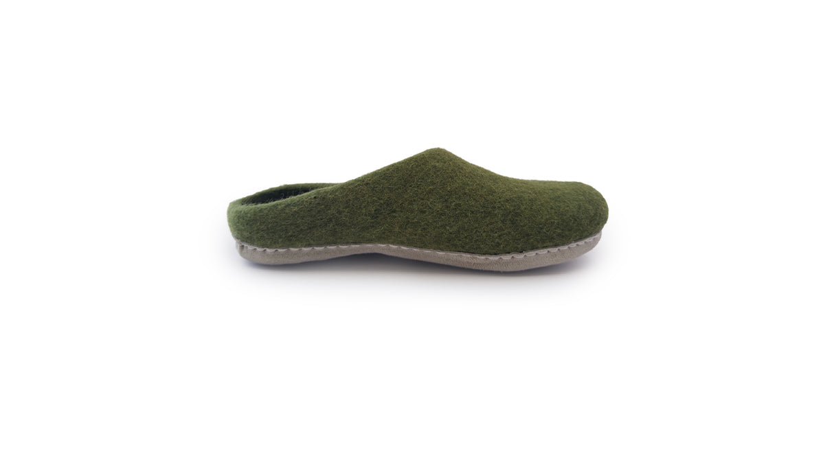 The Love Ewe Hand-Felted Organic Wool Slippers for Men (Blu-G) are shown in a side view on a white background. These handmade, green wool slippers with a beige sole are crafted in Nepal for comfort and style.