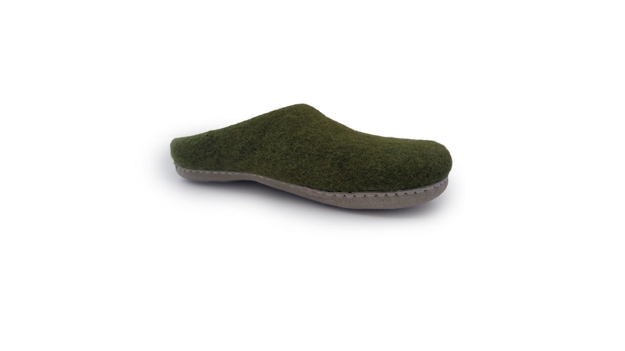 The Love Ewe Hand-Felted Organic Wool Slippers for Men (Blu-G) feature a green upper and grey sole, handmade in Nepal from organic wool, shown against a white background.