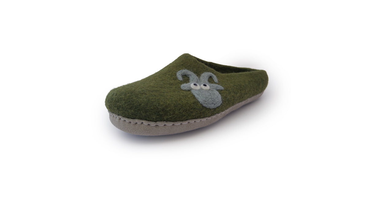 Love Ewe Hand-Felted Organic Wool Slippers for Men (Blu-G) feature a grey animal face with horns, are handmade in Nepal from organic wool, and are shown on a white background.