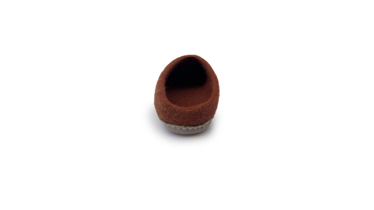 A single Love Ewe Hand-Felted Organic Wool Slipper for Women in Blush-OG, handmade in brown, viewed from the back against a white background.