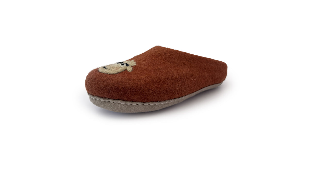 Love Ewe Hand-Felted Organic Wool Slippers for Women (Blush-OG), blush-colored and handmade with a cute cartoon animal face on the front, displayed on a white background.