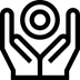 Black outline of two open hands holding or supporting a circle with a ring inside it above the palms.