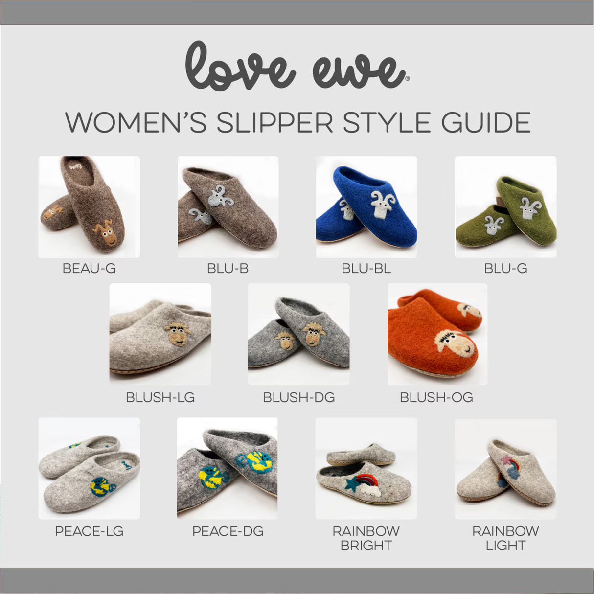 A guide featuring ten pairs of Love Ewe Hand-Felted Organic Wool Slippers for Women (Blu-G), each crafted in Nepal with unique colorful embroidery and handmade details.