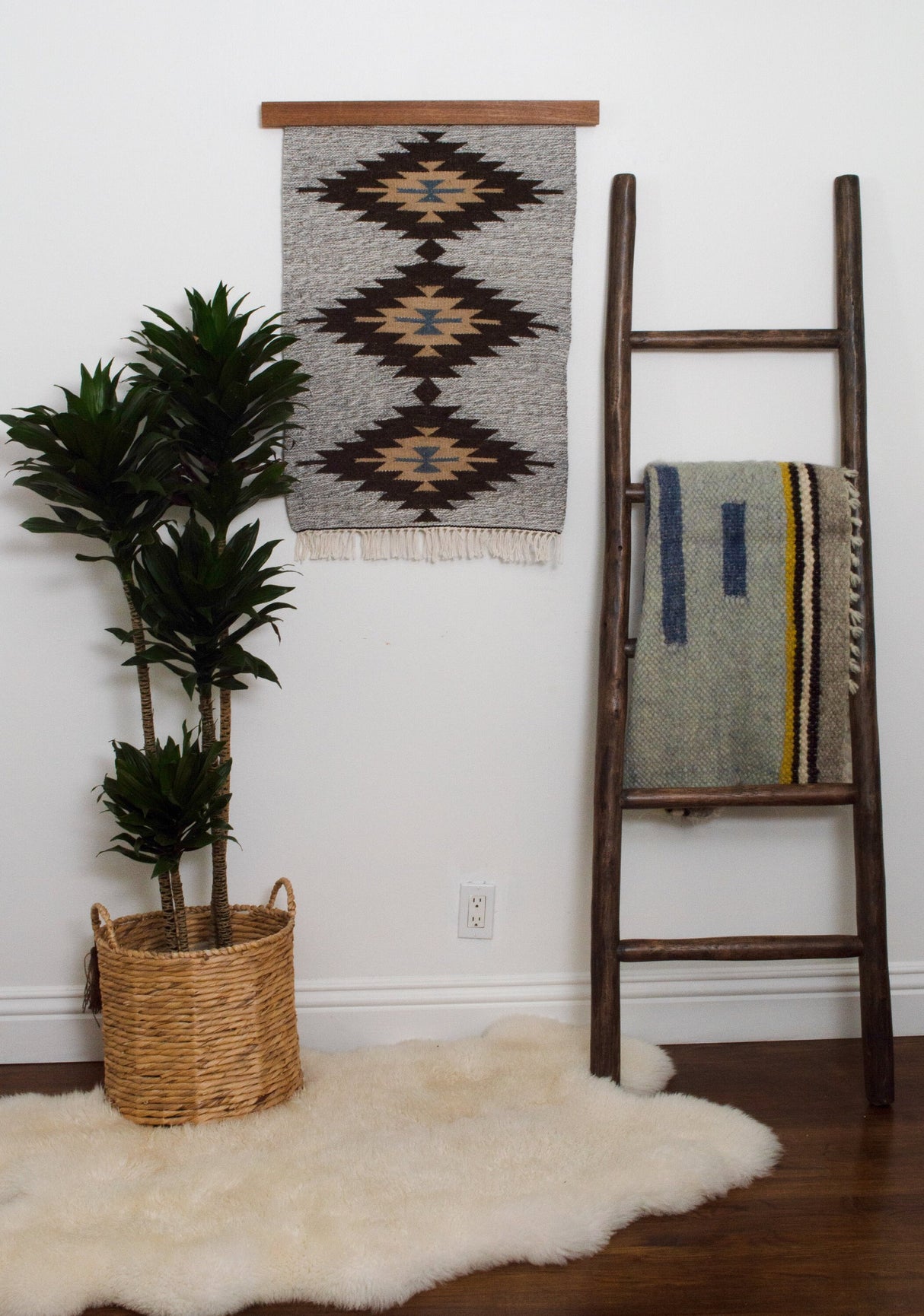 Handmade in Ukraine, Organic Natural 100% Sheep Wool Woven Rug Wall Hanging Decor + Wood Rug Hanger
