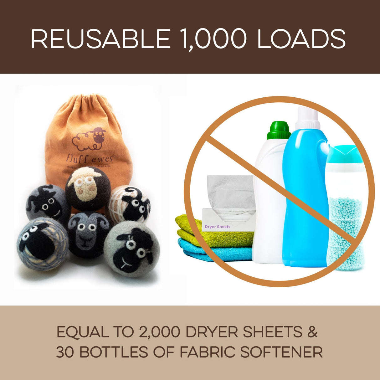 Fluff Ewes 100% Wool Dryer Balls, Premium, Extra Large Reusable & Natural Handmade