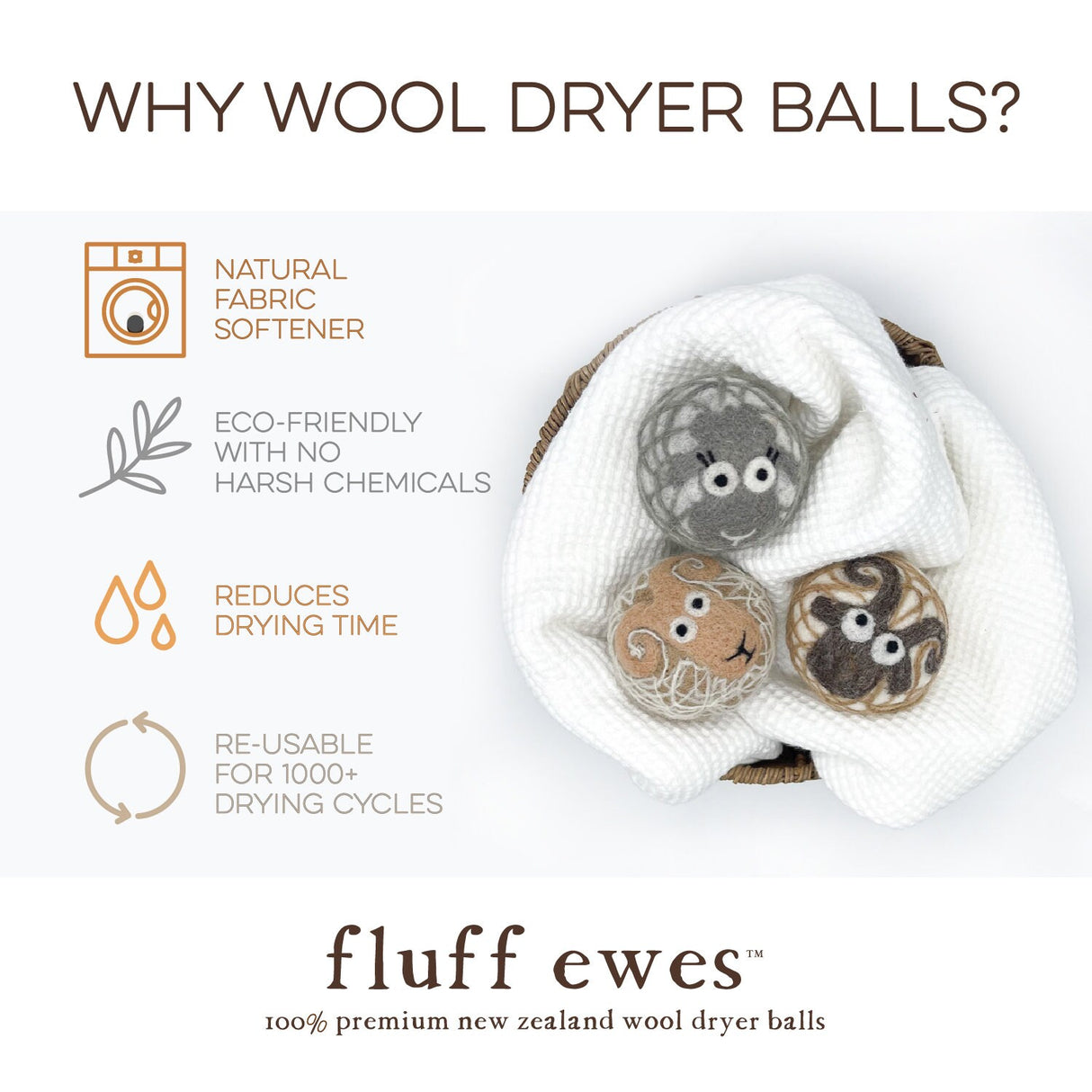 Fluff Ewes 100% Premium Wool Dryer Balls for Whites & Lights 3 pack Natural Fabric Softener, Eco-Friendly