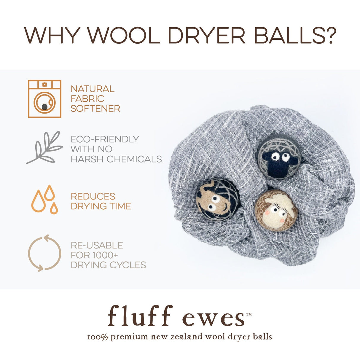 Fluff Ewes 100% Premium Wool Dryer Balls for Darks, 3 pack Natural Fabric Softener, Eco-Friendly & Handmade