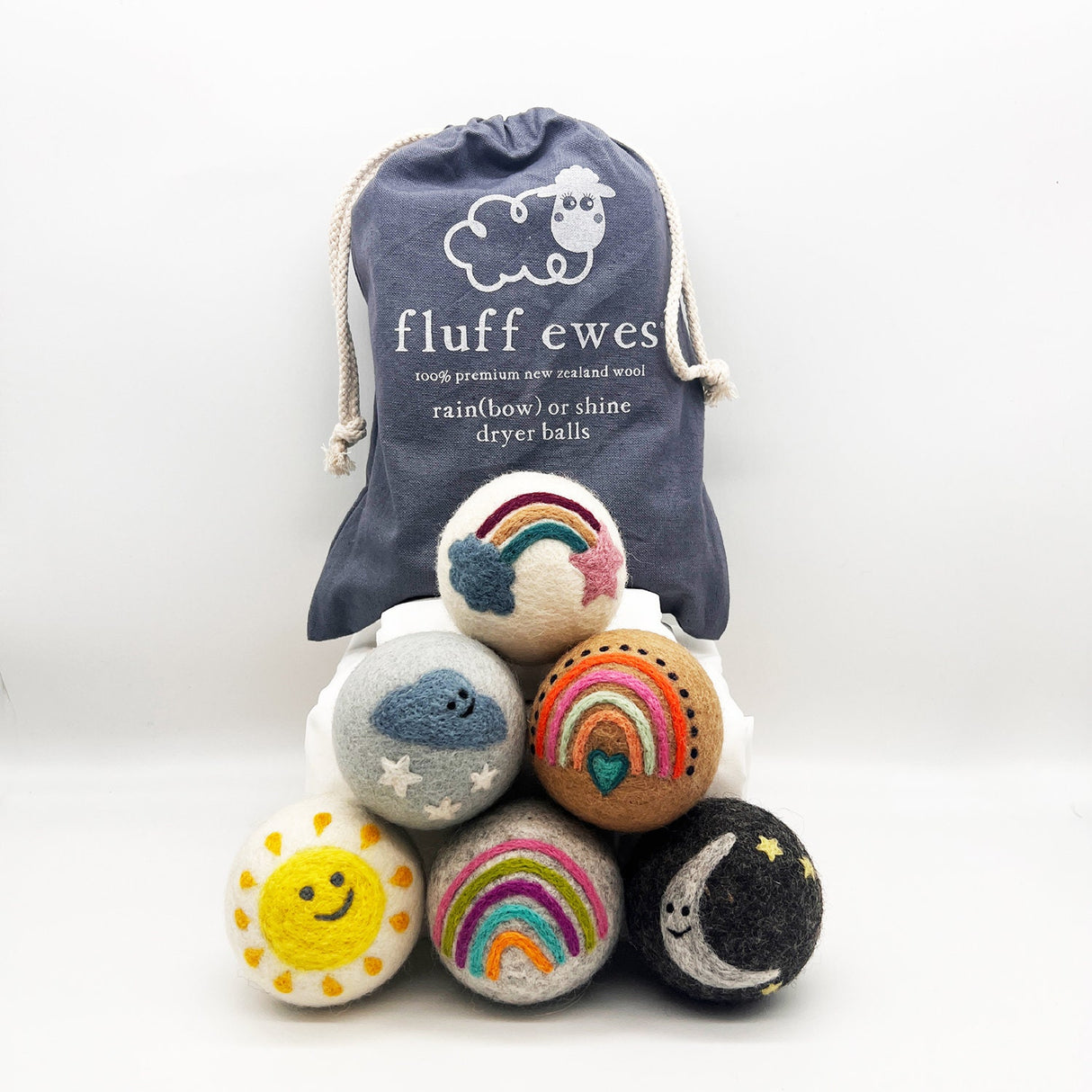 Fluff Ewes "Rain(bow) or Shine" 100% Premium Wool Dryer Balls, 6-pack, Natural Fabric Softener, Eco-Friendly