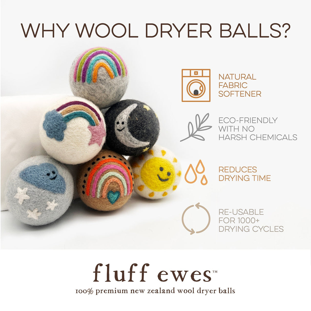 Fluff Ewes "Rain(bow) or Shine" 100% Premium Wool Dryer Balls, 6-pack, Natural Fabric Softener, Eco-Friendly
