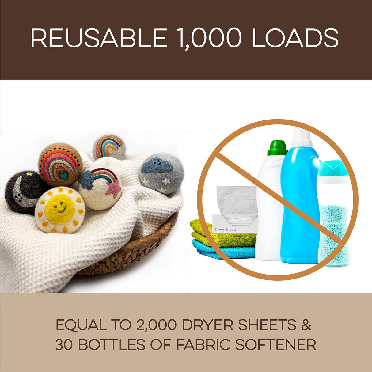 Fluff Ewes "Rain(bow) or Shine" 100% Premium Wool Dryer Balls, 6-pack, Natural Fabric Softener, Eco-Friendly