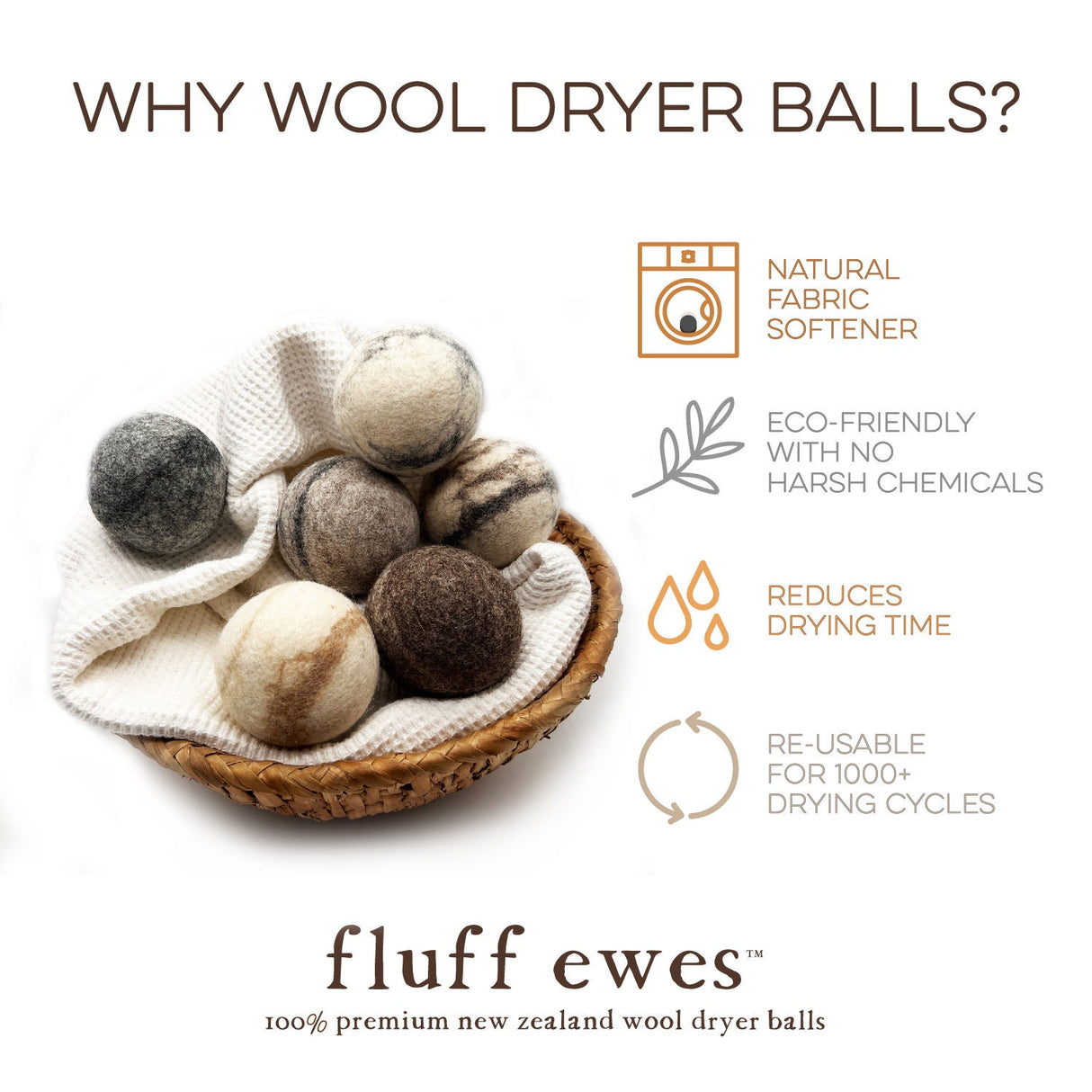 Fluff Ewes "Bag of Marbles" Premium Dryer Balls, DYE-FREE, 100% Natural Marbleized Sheep's Wool