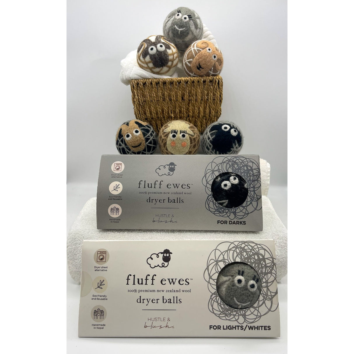 Pair of Fluff Ewes Natural Wool Dryer Balls 3 Pack for Darks & 3 Pack for Lights/Whites Bundle (58 USD value)