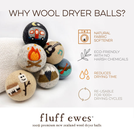 Fluff Ewes "Are we there yet?" Premium Wool Dryer Balls: 6 Pack, Natural Fabric Softener, Eco-friendly