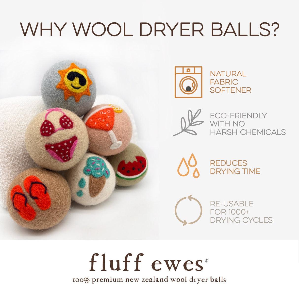 Fluff Ewes "Fun in the Sun" Premium Wool Dryer Balls: 6 Pack, Natural Fabric Softener, Eco-friendly