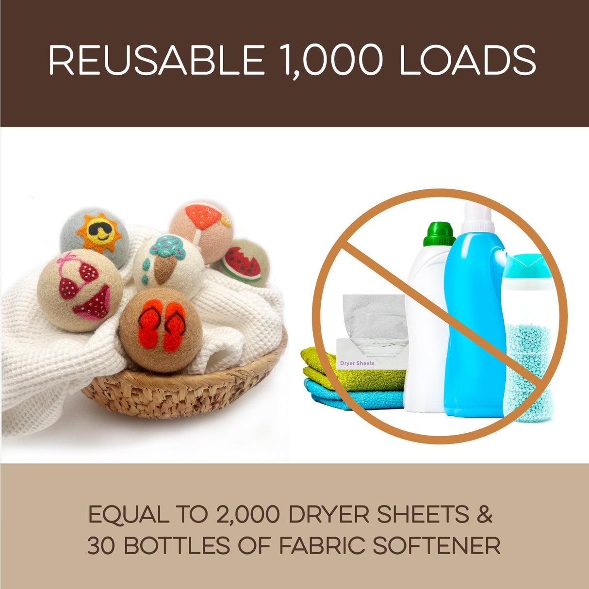 Fluff Ewes "Fun in the Sun" Premium Wool Dryer Balls: 6 Pack, Natural Fabric Softener, Eco-friendly