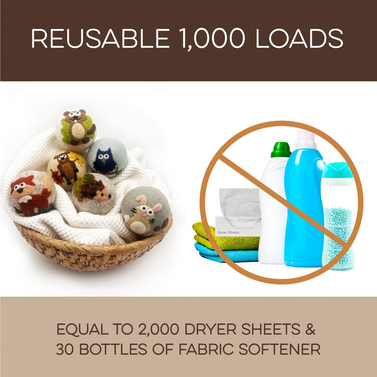 Fluff Ewes "Hedgehog & Homies" Woodland Themed 100% Premium Wool Dryer Balls, 6-pack, Natural Fabric Softener, Eco-Friendly