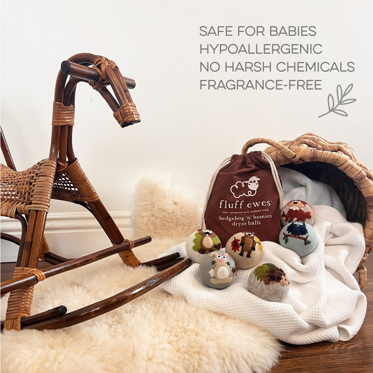 Fluff Ewes "Hedgehog & Homies" Woodland Themed 100% Premium Wool Dryer Balls, 6-pack, Natural Fabric Softener, Eco-Friendly