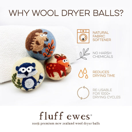Fluff Ewes "Hedgehog & Homies" Woodland Themed 100% Premium Wool Dryer Balls, 3-pack, Natural Fabric Softener, Eco-Friendly